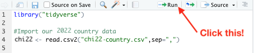 Click &lsquo;run&rsquo; in RStudio after selecting the code